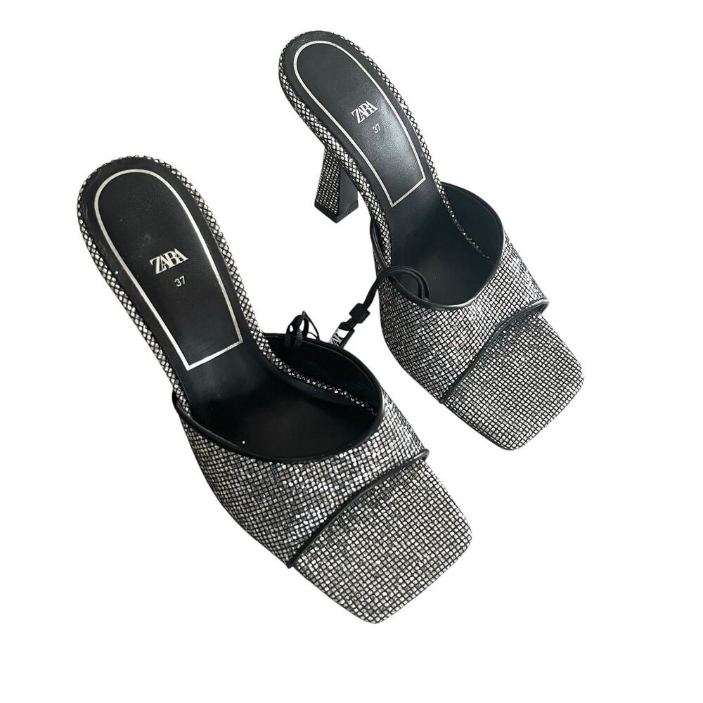 Zara Silver Sparkly Peep Toe Heeled Mules Glitter Shoes EU 37 NWT